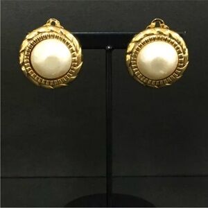 CHANEL Gold and Cream Statement Earrings with Pearl Accents
